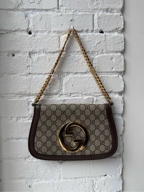 Gucci Beige Monogram Shoulder Bag with Brown Trim and Gold Hardware